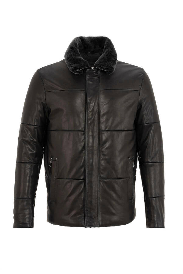 Black Romeo Fur Collar Quilted and Isolin Lined Zippered Men's Genuine Leather Jacket - 6