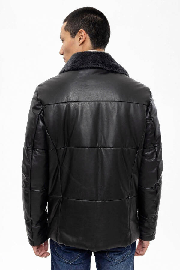 Black Romeo Fur Collar Quilted and Isolin Lined Zippered Men's Genuine Leather Jacket - 7