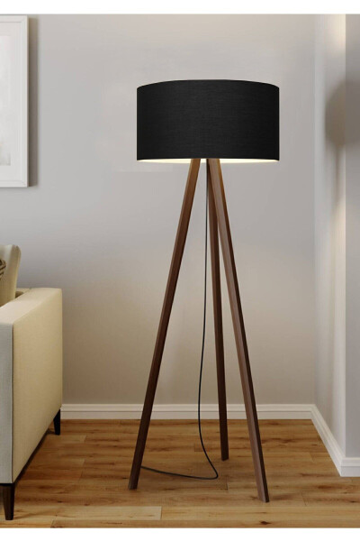 Black Round Fabric Cylinder Shade Wooden Tripod Floor Lamp Ayd-2937 - 1