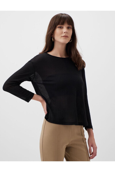 Black Round Neck Long Sleeve Blouse - 19