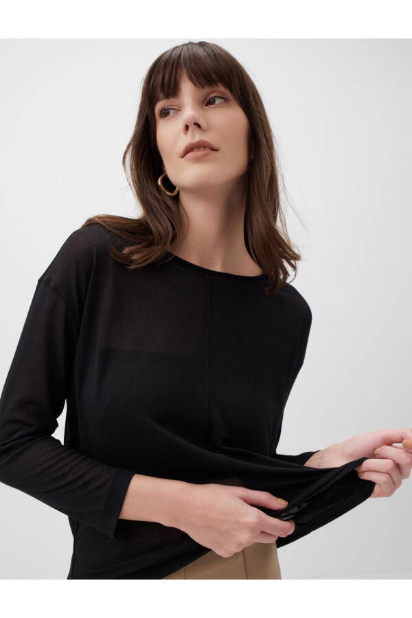 Black Round Neck Long Sleeve Blouse - 2