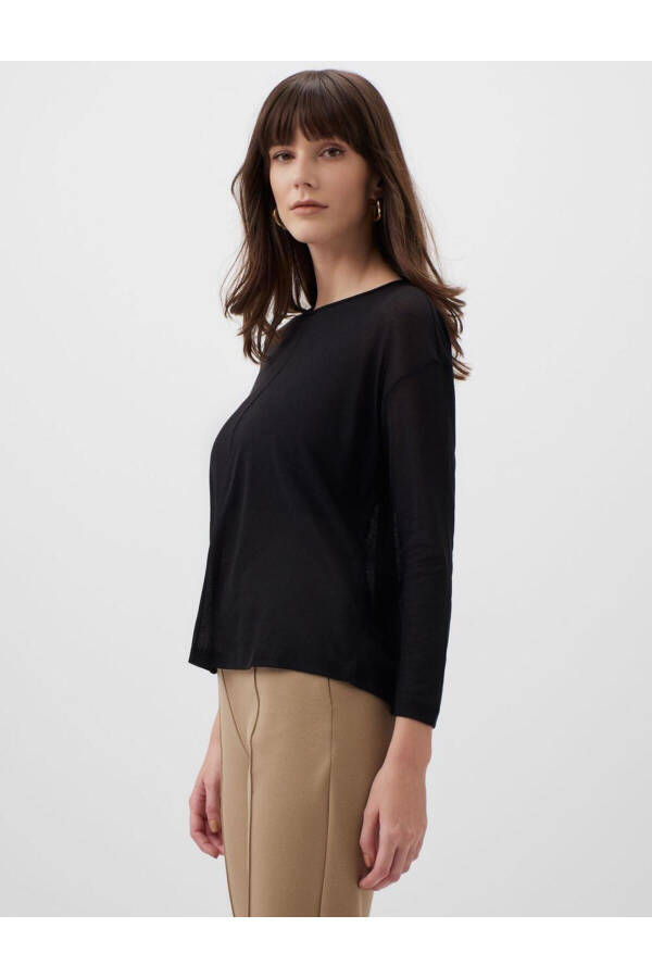 Black Round Neck Long Sleeve Blouse - 4