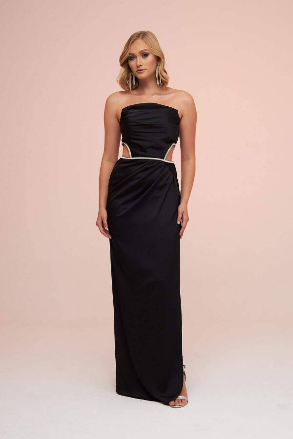 Black Satin Strapless Side Slit Long Evening Dress - 1