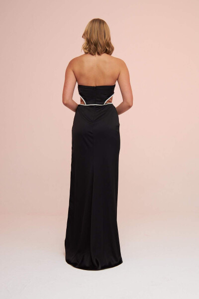 Black Satin Strapless Side Slit Long Evening Dress - 9