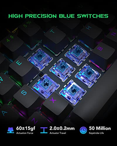 Black Shark RGB Mechanical Gaming Keyboard LED Backlit Wired Keyboard with Blue Switches, Fully Programmable, Anti-Ghosting 104 Keys for Desktop PC, Sixgill K2 - 3