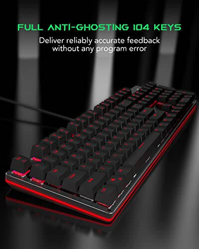 Black Shark RGB Mechanical Gaming Keyboard LED Backlit Wired Keyboard with Red Switches, Fully Programmable, Anti-Ghosting 104 Keys for Desktop PC, Sixgill K2 - 4