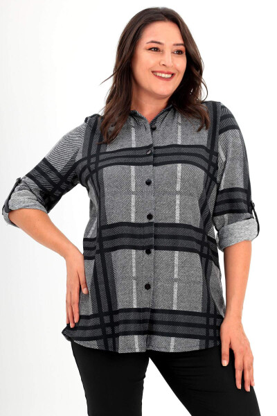 Black shirt with digital plaid print, leather collar, plus size. - 1