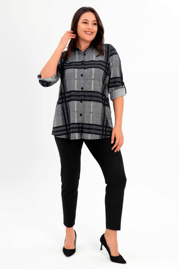 Black shirt with digital plaid print, leather collar, plus size. - 2