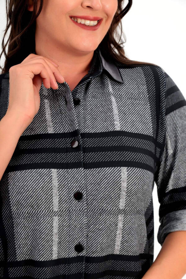 Black shirt with digital plaid print, leather collar, plus size. - 4