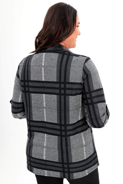 Black shirt with digital plaid print, leather collar, plus size. - 5