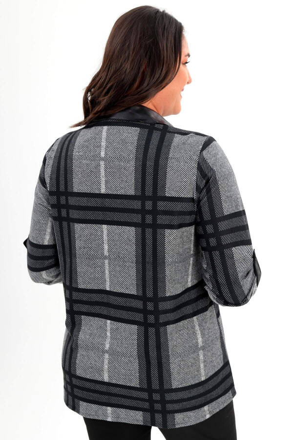 Black shirt with digital plaid print, leather collar, plus size. - 5