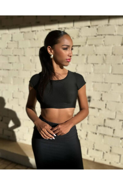 Black Short Sleeve Crop Sports T-Shirt (Sports Bra) - 14