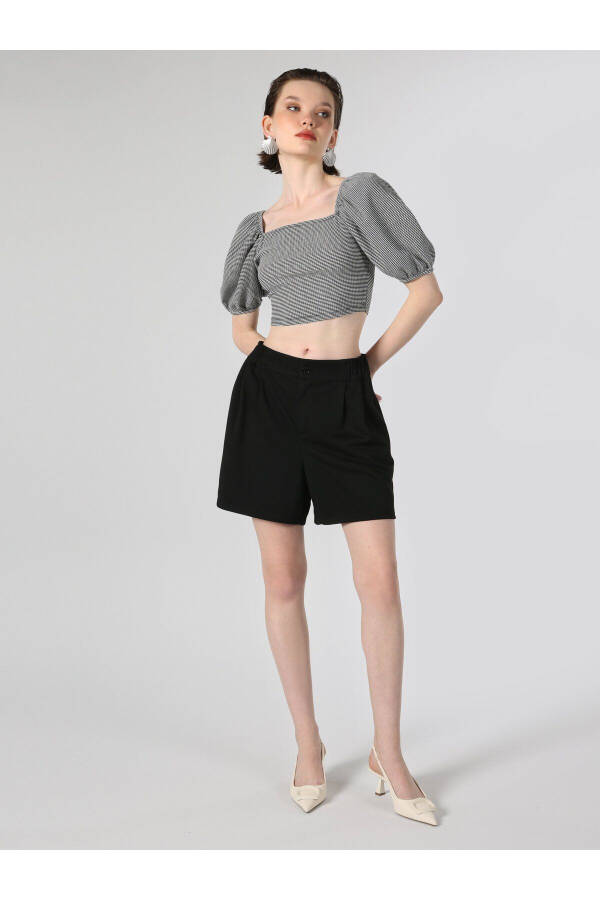 Black, short-sleeved, crop top with a square neckline and print. - 4