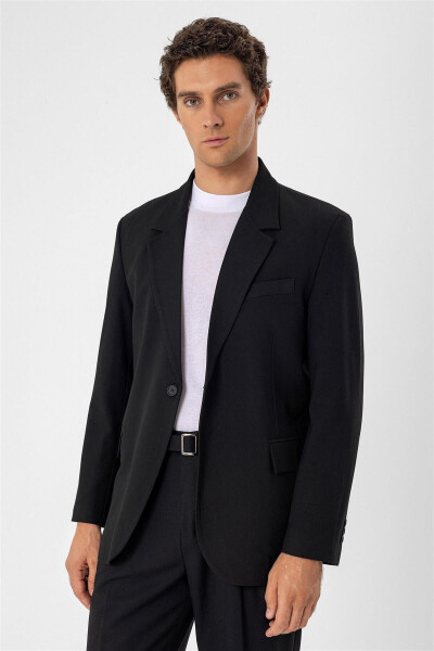 Black Single Button Closure Relax Fit Men's Jacket - 15