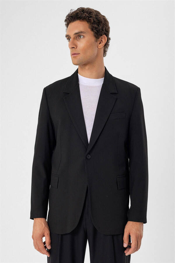 Black Single Button Closure Relax Fit Men's Jacket - 16