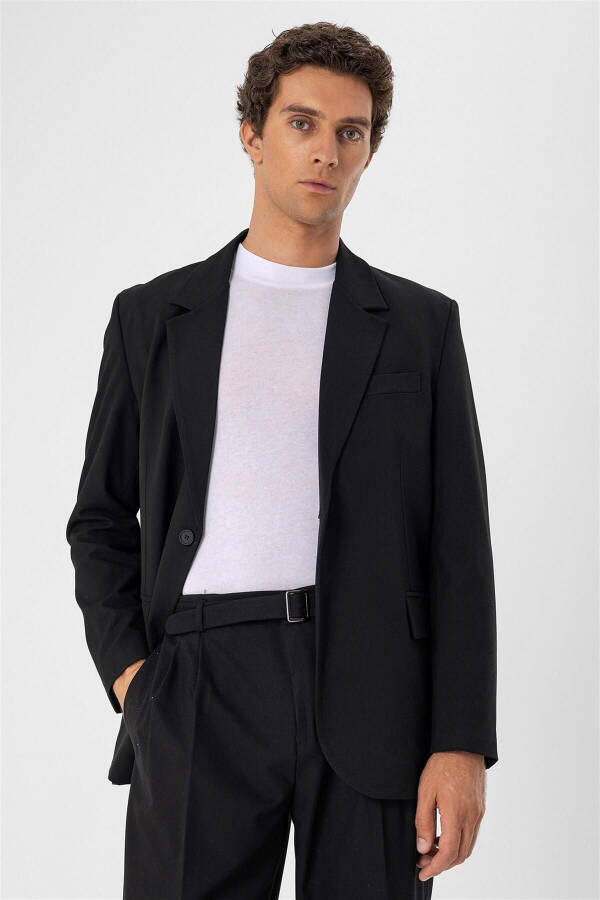 Black Single Button Closure Relax Fit Men's Jacket - 8