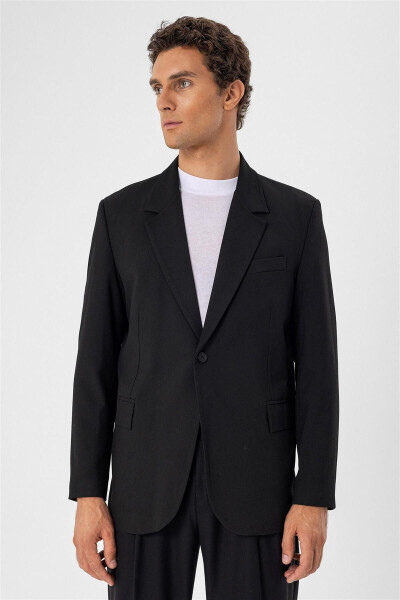 Black Single Button Closure Relax Fit Men's Jacket - 10