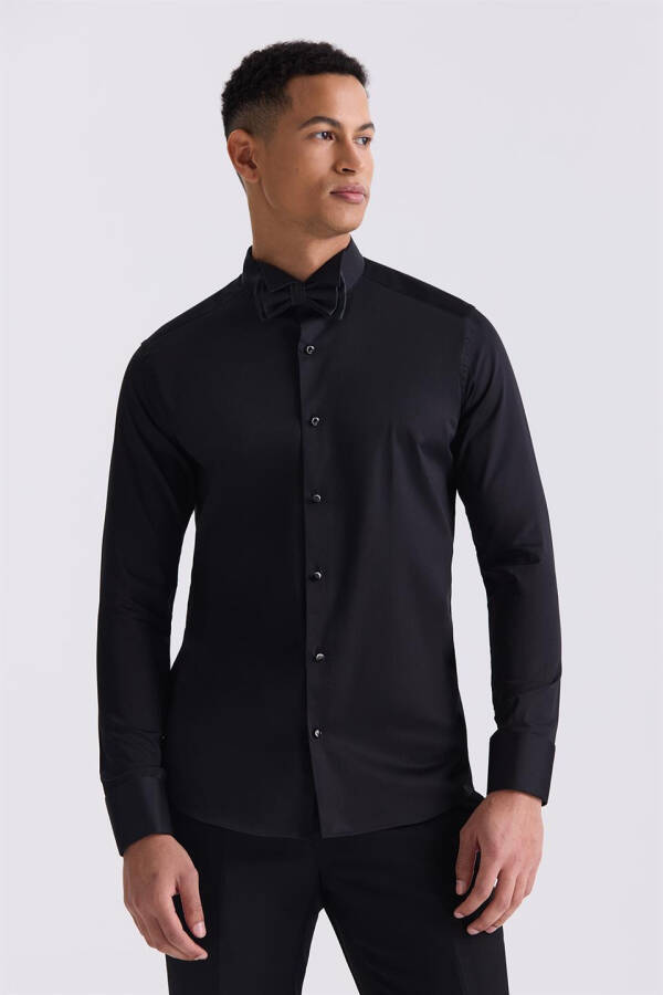 Black Slim Fit Button-Down 100% Cotton Mandarin Collar Shirt - 2