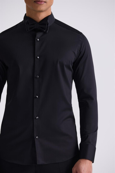 Black Slim Fit Button-Down 100% Cotton Mandarin Collar Shirt - 3