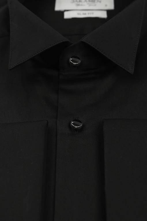 Black Slim Fit Button-Down 100% Cotton Mandarin Collar Shirt - 6