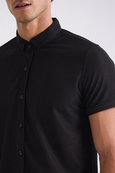 Black Slim Fit Collared Button-Up T-Shirt - 3