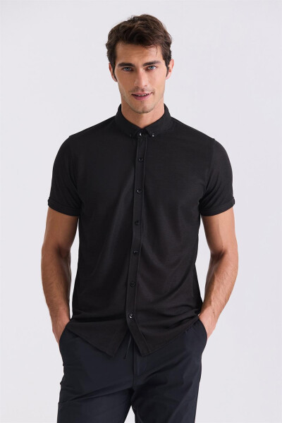 Black Slim Fit Collared Button-Up T-Shirt - 1