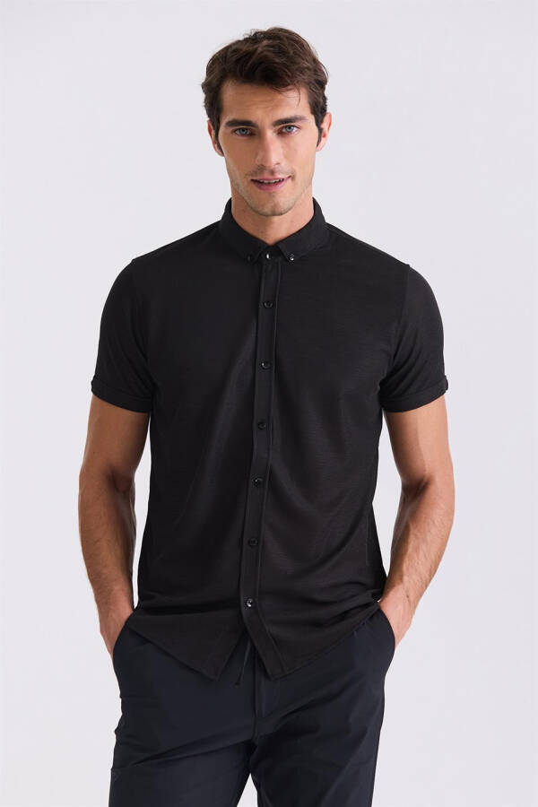 Black Slim Fit Collared Button-Up T-Shirt - 1