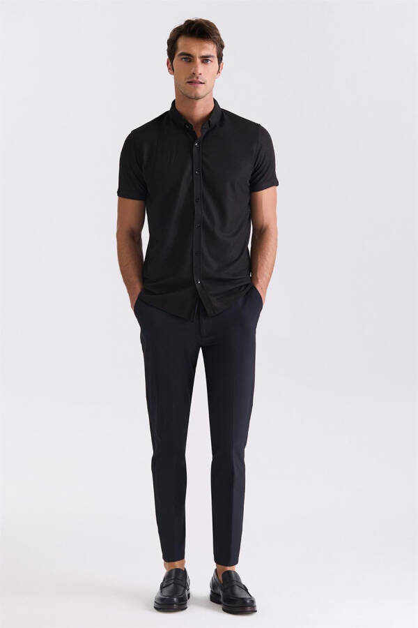 Black Slim Fit Collared Button-Up T-Shirt - 2