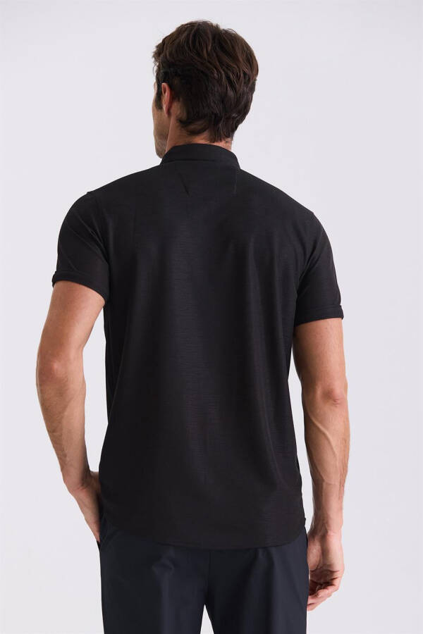 Black Slim Fit Collared Button-Up T-Shirt - 4