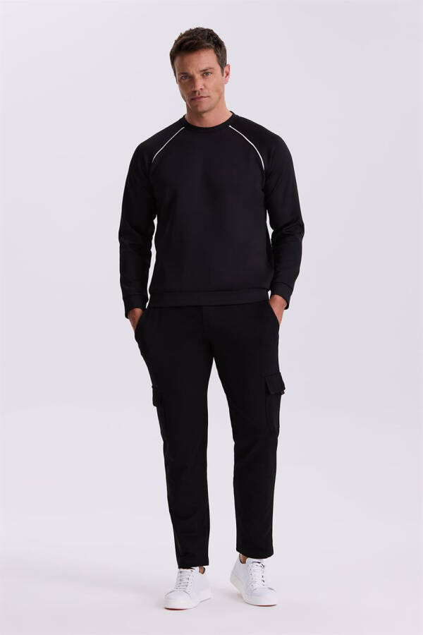 Black Slim Fit Cotton Blend Crew Neck Sweatshirt - 5