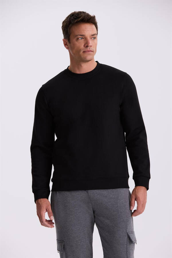 Black Slim Fit Crew Neck Basic Cotton Lycra Sweatshirt - 1