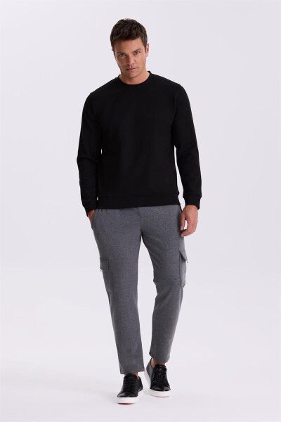 Black Slim Fit Crew Neck Basic Cotton Lycra Sweatshirt - 2