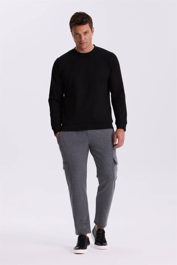 Black Slim Fit Crew Neck Basic Cotton Lycra Sweatshirt - 2