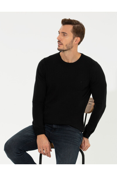 Black Slim Fit Crew Neck Basic Knit Sweater - 8