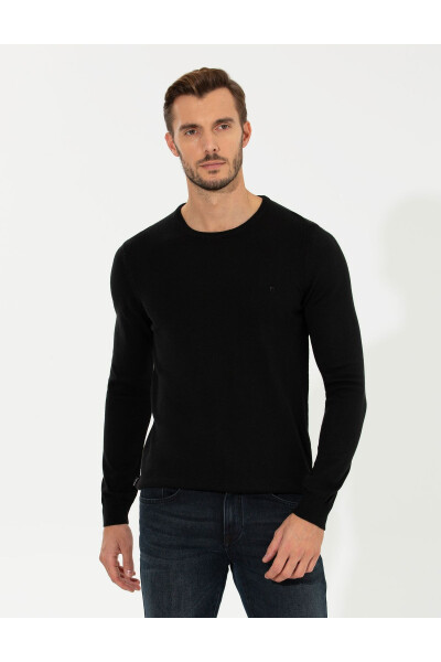 Black Slim Fit Crew Neck Basic Knit Sweater - 4