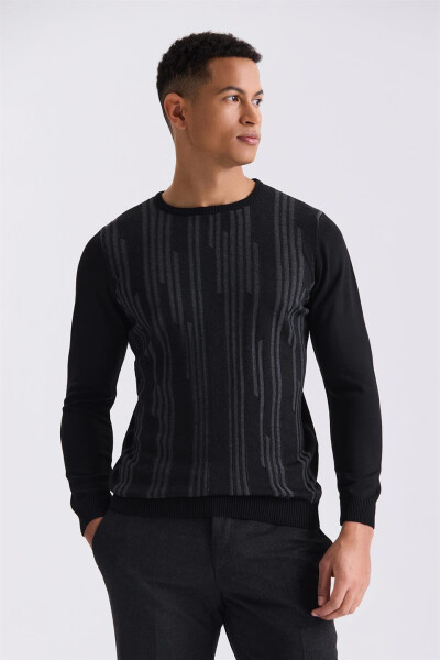 Black Slim Fit Crew Neck Patterned Knit Sweater - 5