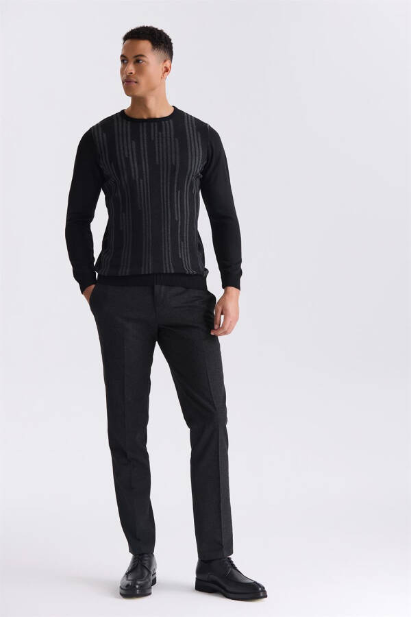 Black Slim Fit Crew Neck Patterned Knit Sweater - 6