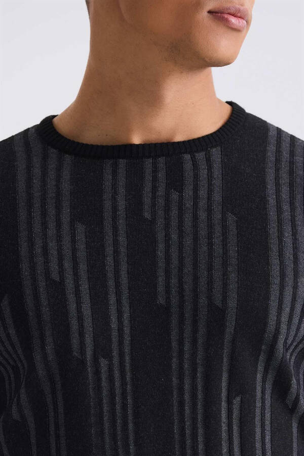 Black Slim Fit Crew Neck Patterned Knit Sweater - 7