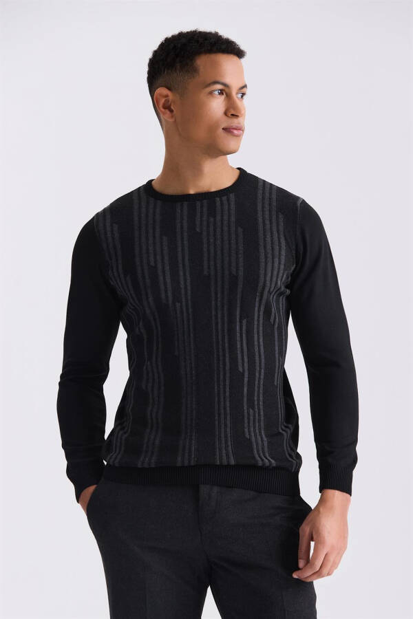 Black Slim Fit Crew Neck Patterned Knit Sweater - 1