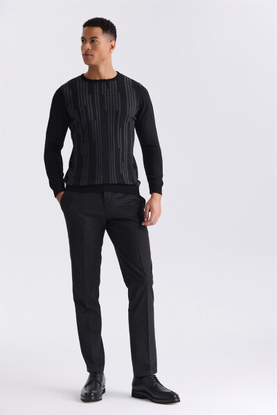 Black Slim Fit Crew Neck Patterned Knit Sweater - 2