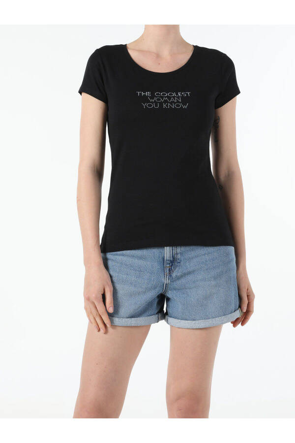 Black slim fit crew neck short sleeve knitted t-shirt for women. - 1