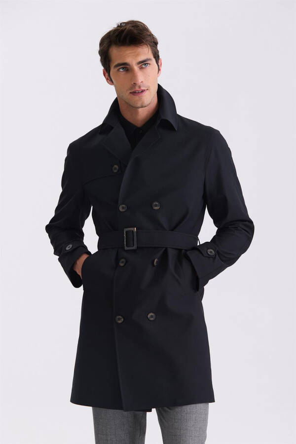 Black Slim Fit Crossover Summer Trench Coat - 1