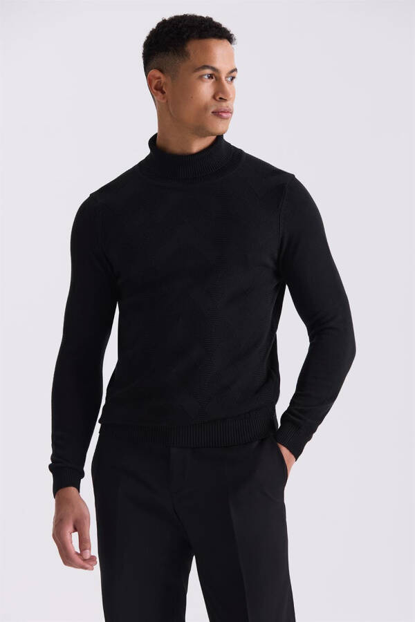 Black Slim Fit Full Fisherman Neck Patterned Knit Sweater - 5