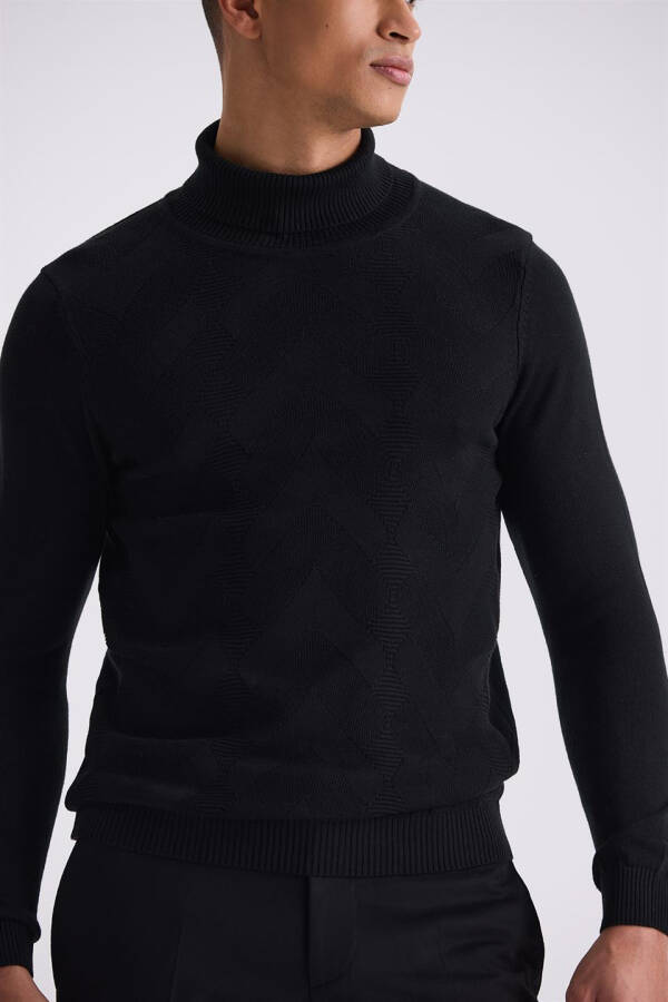 Black Slim Fit Full Fisherman Neck Patterned Knit Sweater - 7