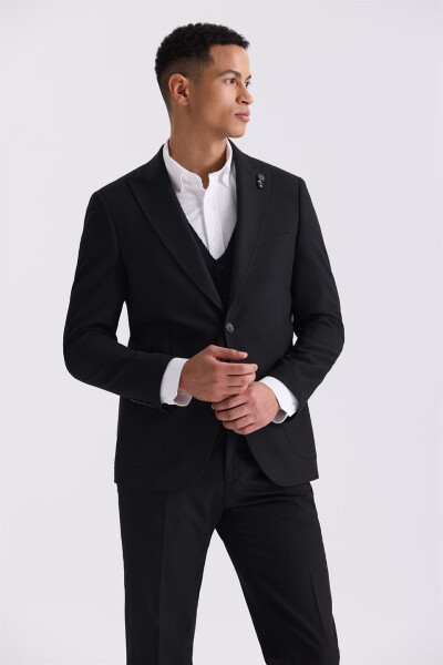 Black Slim Fit Peak Lapel Patterned Sports Jacket - 1