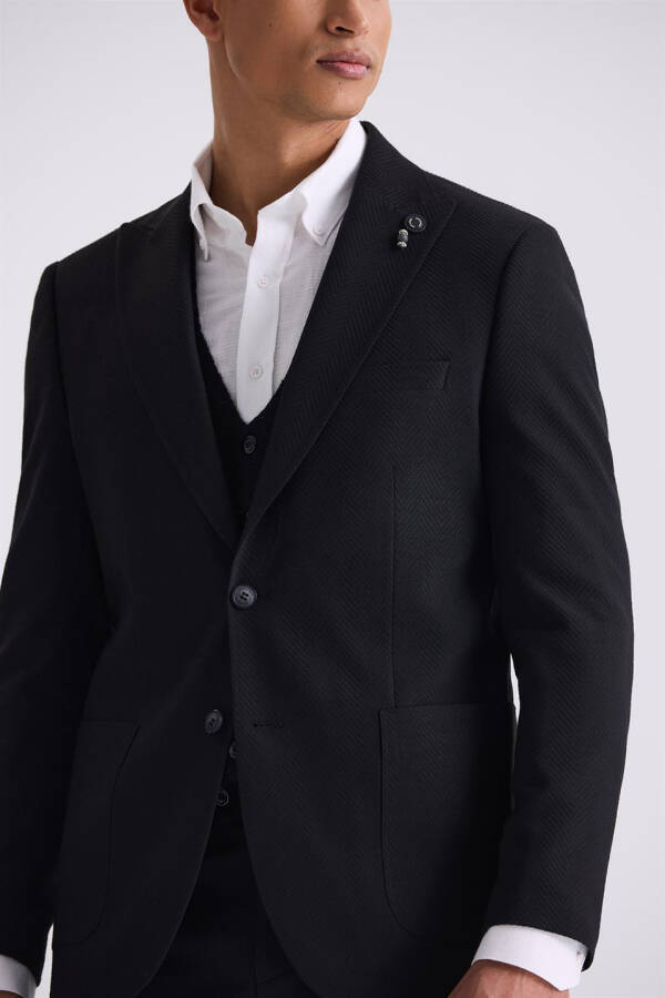 Black Slim Fit Peak Lapel Patterned Sports Jacket - 3