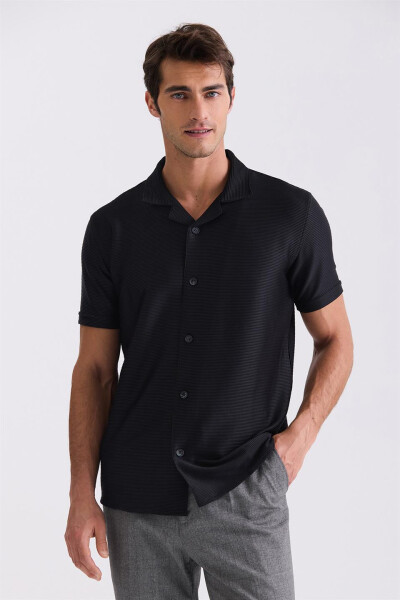 Black Slim Fit Shirt Collar Button Detail T-Shirt - 1