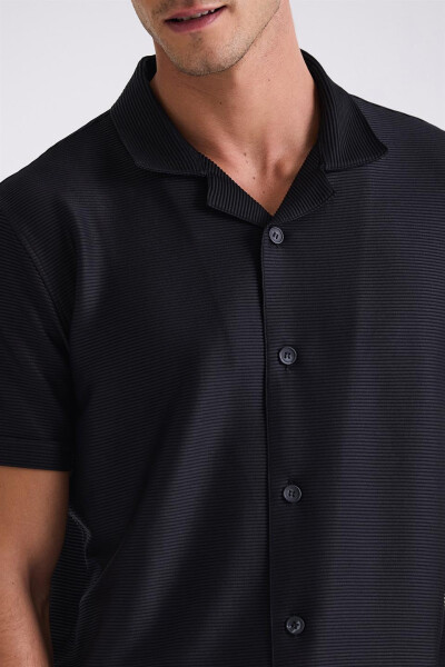 Black Slim Fit Shirt Collar Button Detail T-Shirt - 3