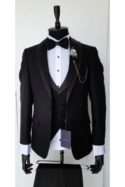 Black Slim Fit Suit with Vest for Groom - 3