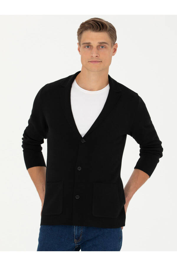 Black Slim Fit V-Neck Knit Cardigan - 1